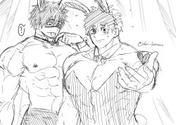 2boys blush bunny_boy bunny_ears bunnysuit clone crossdressing detached_collar facial_tattoo hayami_masaki kengan_(series) kengan_ashura kengan_omega laksi_kaaaaa looking_at_viewer male male_only meguro_masaki monochrome muscular muscular_male rough_sketch sketch smile sweat tongue_out topless_male