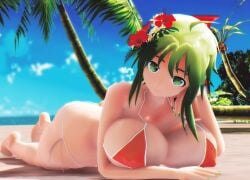 1girls 3d 3d_(artwork) beach bedroom_eyes big_ass big_breasts big_butt bikini female female_focus female_only flower_in_hair green_eyes green_hair green_nails gumi looking_at_viewer megpoid megpoid_gumi ocean palm_tree palm_trees rock takesui vocaloid