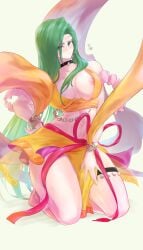 1girls accidental_exposure alternate_costume annand_(fire_emblem) bare_thighs breasts breasts_out cosplay dancer female female_only fire_emblem fire_emblem:_genealogy_of_the_holy_war green_eyes green_hair kneeling large_breasts laylea_(fire_emblem)_(cosplay) long_hair nintendo one_breast_out pelvic_curtain solo ta_dasu_(tadasu_hayashi) thick_thighs thighs very_long_hair