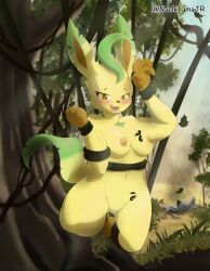 absurd_res accident accidental_exposure anthro bodily_fluids breasts brown_ears brown_eyes brown_feet brown_hands detailed_background eeveelution emoji female feral forest forest_background fur generation_4_pokemon genital_fluids green_ears hi_res leaf leaf_ears leafeon lianas mammal nachitamajr nature nature_background nintendo plant pokémon_(species) pokemon pokemon_(species) pussy_juice saliva solo tail_leaf text trapped tree trunk video_games yellow_body yellow_eyes yellow_fur