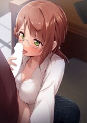 1boy bangs black_skirt blank_censor blush breasts censored cleavage clothed_sex desk fellatio female glasses green_eyes hair_bun large_breasts licking licking_penis looking_at_viewer love_live! love_live!_nijigasaki_high_school_idol_club oral penis pov red_hair shirt short_hair skirt solo_focus straight striped striped_skirt tongue tongue_out toyasu_aina uehara_ayumu white_shirt