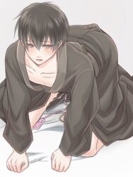 all_fours black_hair blue_eyes blush bodily_fluids gintama hijikata_toshiro japanese_clothes kimono konikou_(konico) looking_away male male_only solo twink vibrator vibrator_cord yukata