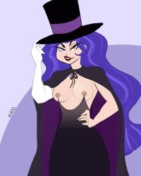 1girls breasts dc dc_comics dc_super_hero_girls exposed_breasts female female_only light-skinned_female light_skin magician_hat nipples nude nude_female pierced_nipples public public_nudity purple_eyes purple_hair smile solo vlado zatanna zee_zatara