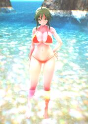 1girls 3d 3d_(artwork) beach big_breasts bikini female female_focus female_only green_eyes green_hair gumi megpoid megpoid_gumi ocean rock standing_in_water takesui vocaloid