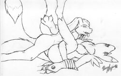 anthro breasts digimon female forceswerwolf fur furry interspecies male monochrome nude renamon sex side_view tagme