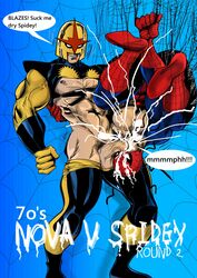 2boys cum cum_dripping cum_in_mouth cumshot erect_nipples erection excessive_cum exposed_nipples face_fucking forced_fellatio forced_oral gay helmet human irrumatio large_penis light-skinned_male light_skin male male_only marvel mask_partially_removed nova_(marvel) oral oral_sex pants_down penis_in_mouth peter_parker rape shirt_up smooth_skin spider-man spider-man_(series) spider_web torn_bodysuit veiny_penis yaoi