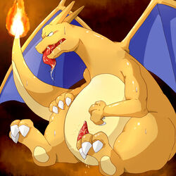 charizard claws color cum feral fire male male_only nintendo nude penis pokemon pokemon_(species) sitting solo tagme tail tail_fire