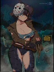 1girls ass_visible_through_thighs bishoujo_jason bishoujo_jason_voorhees bishoujo_terror blue_eyes bluethebone brown_hair cleavage drying drying_clothes female female_focus female_only friday_the_13th genderswap_(mtf) hockey_mask jason_voorhees jessica_voorhees light_blush medium_hair nipple_bulge pout retro_artstyle rule_63 scratches solo solo_female torn_clothes