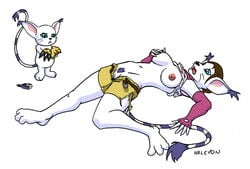 anthro breasts clothes color crossed_arms digimon digimon_adventure female feral fur furry gatomon hikari_yagami interspecies nipples nude sexless standing tailmon toei_animation torn_clothes transformation