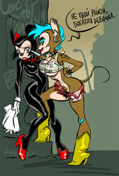 anthro beige_skin black_eyes black_fur black_hair black_nose boots breasts brown_fur choker clothes cyan_hair dahr day dialog ear_piercing eyelashes eyeshadow female footwear fur furry_breasts furry_ears gloves graffiti green_eyes hair high_heels holding knife lipstick looking_at_another makeup mammal minnie_mouse mohawk mouse multiple_females necklace nipples nude outdoors piercing pink_nose pubic_hair rodent round_ears rubber shoes short_hair side_view sketch spiked_choker tail tattoo text