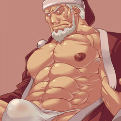 abs bara beard bulge christmas crotch_bulge hat huge_muscles male male_only open_clothing pecs rybiok santa_claus santa_hat solo tagme underwear white_hair white_underwear