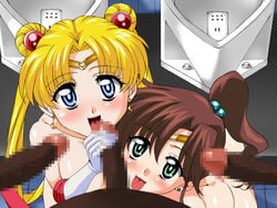 2girls bishoujo_senshi_sailor_moon blonde_hair brunette censored female female_focus licking_penis makoto_kino multiple_males naked penis sailor_jupiter sailor_moon tagme tsuru usagi_tsukino