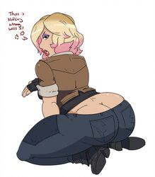 1girls angry artist_request ass_cleavage big_ass big_butt big_lips butt_crack clothed constructor_penny eyeshadow fingerless_gloves footwear fortnite fortnite:_save_the_world jeans large_ass looking_back open_mouth penny_(fortnite) shoes short_hair tagme thick_thighs two_tone_hair white_background