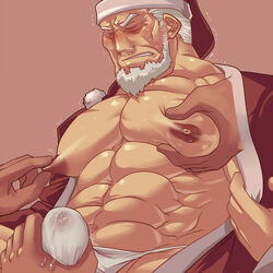 bara christmas fundoshi male_only nipple nipple_play pectorals precum rybiok santa_claus tagme