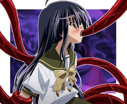 black_hair blush brown_eyes clothed_sex clothing female long_hair open_mouth oral rape restrained school_uniform shakugan_no_shana shana tears tentacle