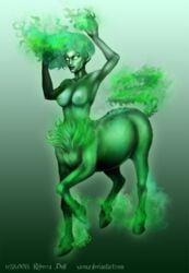 2008 beatriz_da_costa breasts centaur dc fiery_hair fire_(dc) green_skin hooves jla justice_league justice_league_international monster_girl nipples rebecca_duff sirenz taur topless