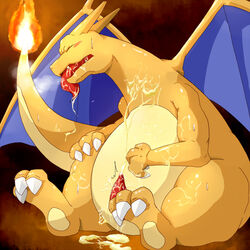 charizard claws color cum feral fire male male_only nintendo nude penis pokemon pokemon_(species) sitting solo tagme tail tail_fire