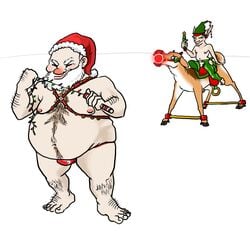 3boys artist_request ball_gag beard big_belly chaps christmas christmas_elf christmas_lights elf elf_ears elf_hat facial_hair gag gagged gay hairy harness hobble hobbled jingle_bells pointy_ears reindeer rudolph saddle santa_claus santa_hat tagme thong white_hair