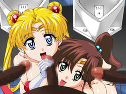 2girls bishoujo_senshi_sailor_moon censored dark-skinned_male female female_focus handjob interracial licking_penis makoto_kino multiple_males penis restroom sailor_jupiter sailor_moon tagme tsuru urinal usagi_tsukino