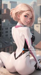 ai_generated aim_patreon ass ballet_slippers blonde_hair blue_eyes bodysuit breasts building city cityscape eyebrow_piercing female from_behind gwen_stacy looking_at_viewer looking_back marvel medium_breasts rooftop short_hair sitting skyline skyscraper smile solo spider-man:_across_the_spider-verse spider-man:_into_the_spider-verse superhero town white_bodysuit