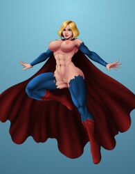 1girls abs alternate_costume alternate_version_available babyboombala big_breasts blonde_hair blue_background blue_bodysuit blue_eyes bobcut cape dc dc_comics dc_extended_universe edit exposed_breasts exposed_pussy female_only kara_danvers kara_zor-el muscles muscular muscular_female red_boots red_cape solo solo_female supergirl superman_(cosplay) symbol-shaped_pubic_hair tagme third-party_edit torn_bodysuit torn_clothes trimmed_pubic_hair