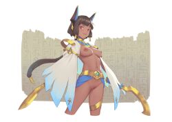 bangs bigrbear black_hair breasts dark-skinned_female dark_skin egyptian female hieroglyphics holding holding_sword holding_weapon horns long_hair looking_at_viewer medium_breasts navel nipples open_mouth original pussy red_eyes short_hair simple_background solo standing sword uncensored weapon white_background