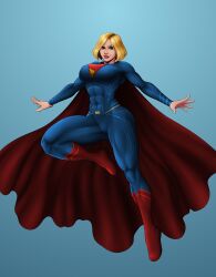 1girls abs alternate_costume alternate_version_available babyboombala big_breasts blonde_hair blue_bodysuit blue_eyes bobcut bodysuit cameltoe cape clothed_female dc dc_comics dc_extended_universe edit female female_only fully_clothed kara_danvers kara_zor-el muscles muscular muscular_female red_boots red_cape solo solo_female supergirl superman_(cosplay) tagme third-party_edit