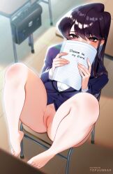 1girls book feet inviting_to_sex komi-san_wa_komyushou_desu komi_shouko looking_at_viewer purple_eyes purple_hair pussy spread_legs thighs tofuubear