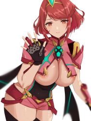 1girls big_breasts blush breasts cleavage core_crystal exposed_breasts exposed_nipples female female_only fingerless_gloves fully_clothed gloves hourglass_figure large_breasts light-skinned_female midriff monolith_soft nintendo nipple_slip nipples no_bra oyasu oyasu_(kinakoyamamori) pyra red_eyes red_hair revealing_clothes short_hair shorts skin_tight smile thick_thighs thighhighs thighs underboob xenoblade_(series) xenoblade_chronicles_2