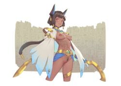 bangs bigrbear black_hair breasts dark-skinned_female dark_skin egyptian facial_tattoo female hieroglyphics holding holding_sword holding_weapon horns long_hair looking_at_viewer medium_breasts navel nipples open_mouth original pubic_tattoo pussy red_eyes short_hair simple_background solo standing stomach_tattoo sword tattoo uncensored weapon white_background