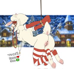 anthro anus blindfold bondage bondage bound bovid caprine clothing female fur genitals hi_res legwear mafty_(artist) mammal pussy sheep solo stockings white_body white_fur