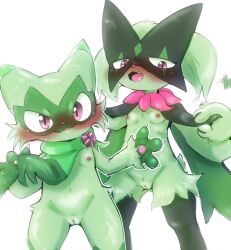 anthro blush doneru duo female female_pokemon flat_chested floragato generation_9_pokemon genitals green_body hi_res innie_pussy meowscarada nintendo nipples pokémon_(species) pokemon pokemon_(species) pokemon_sv pussy video_games