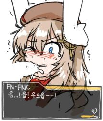 beret blonde_hair blowjob blue_eyes blush crying cum cum_in_mouth dialogue dutchko fnc_(girls'_frontline) girls'_frontline hand_on_head korean_text motion_lines one_eye_closed rape white_background