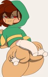 1boy 1girls 2d ass ass_focus ass_grab blush brown_hair cdk chara commission digital_media_(artwork) disembodied_penis ex!chara ex!tale green_clothing half-dressed hoodie large_ass looking_back penis pussy red_eyes rubbing smirk thick_thighs undertale undertale_(series) undertale_au watermark white_skin