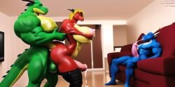 2boys 3d_(artwork) abs absurd_res ai_generated anthro blue_scales cum_in_mouth dragon dragon_boy dragon_girl dragon_horns dragon_tail female giant_breasts green_scales huge_cock landscape large_pecs large_pectorals large_penis leohawke muscle muscular muscular_female muscular_male nai_diffusion original red_scales self_shot stable_diffusion tagme thick_penis voyeur