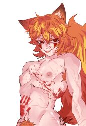 1boy armpit_hair blood blood_splatter blood_stain boy boyfriend_to_death cat_ears cat_tail catboy ears_up fangs femboy femboy_fox femboy_only fox fox_boy fox_ears fox_humanoid male male_only mantislord markings nipple_bulge nipples orange_fur orange_hair orange_tail pubic_hair ren_hana scars sissy smirking_at_viewer tail tail_tuft tongue tongue_out