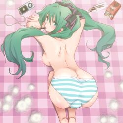 aqua_eyes armpits barefoot blue_striped_panties blush bow breasts digital_media_player earbuds earphones eating feet female female_only food green_hair hairbow hatsune_miku highres ipod legs long_hair lowleg lying navel nipples panties puffy_nipples pussy_bulge shimapan solo solo_female striped striped_panties topless twintails underwear very_long_hair vocaloid yajou_hirarin