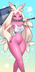 1girls anthro blonde_hair bottomless breasts creatures_(company) female female_pokemon game_freak hammer hand_on_hip holding_object kenron_toqueen long_hair nintendo pink_body pink_skin pokémon_(species) pokemon pokemon_(game) pokemon_sv slim_waist solo solo_female tank_top thick_thighs tinkaton weapon wide_hips