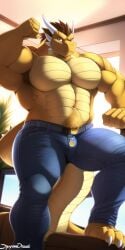 1boy abs absurd_res ai_generated anthro armpits bara barefoot biceps brown_hair bulge chest_hair clawed_toes dad_bod denim_jeans dragon dragon_horns dragon_tail father flexing gold_scales large_pecs large_pectorals leg_up leohawke muscle musclegut muscular muscular_male nai_diffusion original portrait scalie short_hair stable_diffusion tagme thick_arms