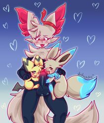 <3_eyes anthro balls black_balls black_penis blue_body blue_fur blue_toes blush blush_lines braixen carrying_partner dipstick_ears dipstick_tail eevee feral fur generation_1_pokemon generation_2_pokemon generation_6_pokemon genitals gradient_background group heart hi_res humanoid_genitalia humanoid_penis justiceposting licking male male/male markings multicolored_ears nintendo nude nuzzling open_mouth oral penile penis penis_lick penis_nuzzling pichu pokémon_(species) pokemon pokemon_(species) red_eyes sex simple_background standing tail_markings tan_body tan_fur tongue tongue_out trio video_games yellow_body yellow_fur