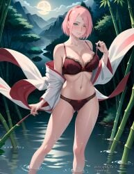 1girls ai_generated bare_legs bare_shoulders barely_clothed blush bob_cut boruto:_naruto_next_generations bra breasts cleavage collarbone green_eyes haruno_sakura kimono lake long_hair mature mature_female midriff milf nai_diffusion naruto naruto_(series) nature off_shoulder outdoors pak-fa-t-50 panties partially_clothed partially_submerged pink_hair pinup sakura_haruno short_hair smile solo solo_focus stable_diffusion standing strap_pull strap_slip tease teasing teasing_viewer underwear water wet wet_body wet_hair wet_skin