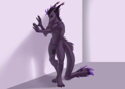 absurd_res anthro balls digitigrade dirokuvu foreskin fur genitals hi_res lee_surge male paws penis pubes purple_body purple_fur solo toned_muscles vernid