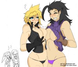 2girls aerith_gainsborough blonde_hair blue_eyes breast_press breast_to_breast breasts cloud_strife cloudette_strife female female_only final_fantasy final_fantasy_vii genderswap_(mtf) holding_breast jenovasilver multiple_girls nosebleed open_shirt panties rule_63 shirt_up tifa_lockhart zack_fair