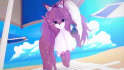 16:9 2022 3d_(artwork) anthro beach big_breasts big_penis breasts canid canine cloud digital_media_(artwork) fox fur genitals gynomorph hair hi_res intersex male mammal penis permtypants phantom_(fursona) pink pink_body pink_fur pink_hair seaside smile solo widescreen