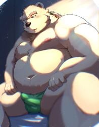 1boy 2023 anthro bear belly big_belly bulge clothing hi_res humanoid_hands kemono leib_(tokyo_afterschool_summoners) lifewonders male male_only mammal metaporin moobs navel nipples overweight overweight_male polar_bear sitting solo tokyo_afterschool_summoners underwear ursine