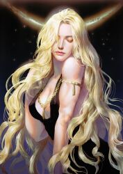 1girls big_breasts blonde_hair braid cleavage closed_eyes dress elden_ring female female_only fromsoftware goddess light-skinned_female light_skin long_hair milf nipple_bulge painting_(artwork) queen_marika_the_eternal solo solo_female tumitumico very_long_hair