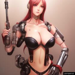 1girls ai_generated big_breasts black_bra breasts cyborg female female_only gun holding_weapon jfxjxf laser_pistol long_hair looking_at_viewer looking_serious metal_arm metal_armor pistol pornpen.ai red_hair soldier technology