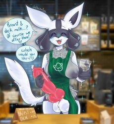 anthro balls barista big_penis blush blush_lines bodily_fluids closed_eyes container countershading cup dialogue erection fur futa futa_pokemon futanari generation_4_pokemon genital_fluids genitals grey_body grey_countershading grey_inner_ear hand_on_penis heart hi_res holding_cup holding_object intersex justiceposting knot lactating leaking_precum lucario nintendo open_mouth penis pokémon_(species) pokemon pokemon_(species) precum smile smiling_at_viewer solo speech_bubble talking_to_viewer teeth text video_games white_balls white_body white_ears white_fur white_tail