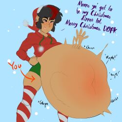 1boy belly belly_bulge big_belly christmas femboy freckles huge_belly human male place same_size_vore smutstrut stuffed text tyler_reyes_(smutstrut) vore