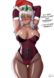 1girls angry armpits blush breasts christmas christmas_outfit cleavage corset dark-skinned_female embarrassed female_focus large_breasts latex_suit league_of_legends qiyana_yunalai qiyarts riot_games santa_hat solo_female strip_game sweat sweatdrop thick_thighs thighs